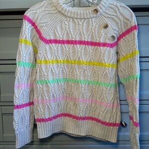 St. John's Bay Cream Cable Knit Sweater with Pink, Yellow, and Green Stripes